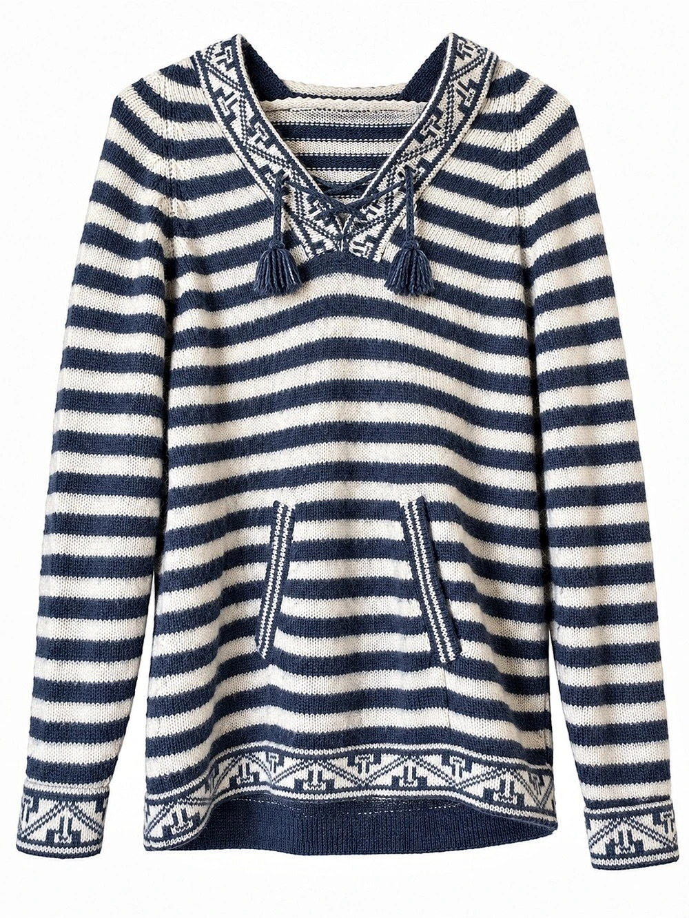 Boho Striped Soft Knit Hooded Sweater Blue Cream Women's L